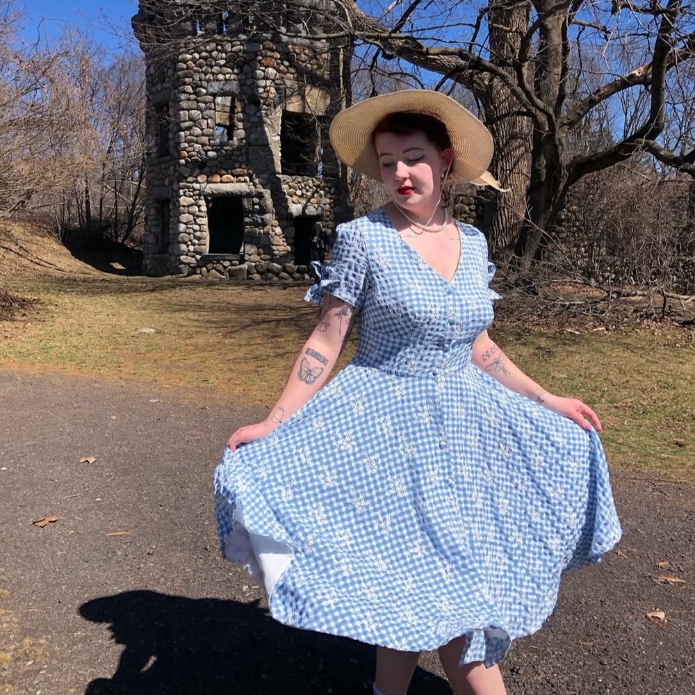 Blue gingham 1950s style dress